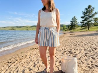 Briggs Striped Linen Blend Shorts Drawstring Elastic Waist Casual Sz Medium New