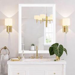 White Bathroom Mirror 24x36 Inch, Wooden Framed Rectangle Mirrors for Wall with Tempered Glassr for Bedroom Living Room or Entryway, Vertical or Horiz