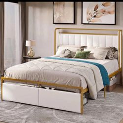 Queen  Size Bed Frame with Armrests Headboard & RGB Light, Upholstered  Modern Gold  Z-9