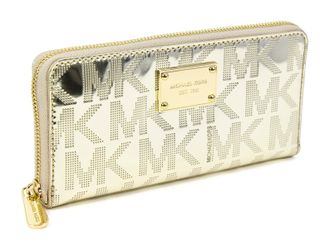 Michael Kors Jet Set Pale Gold Continental MK Logo Mirror Mettalic Wallet