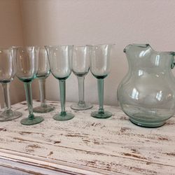 Vintage Green Glass Pitcher And 6 Matching Goblets Set