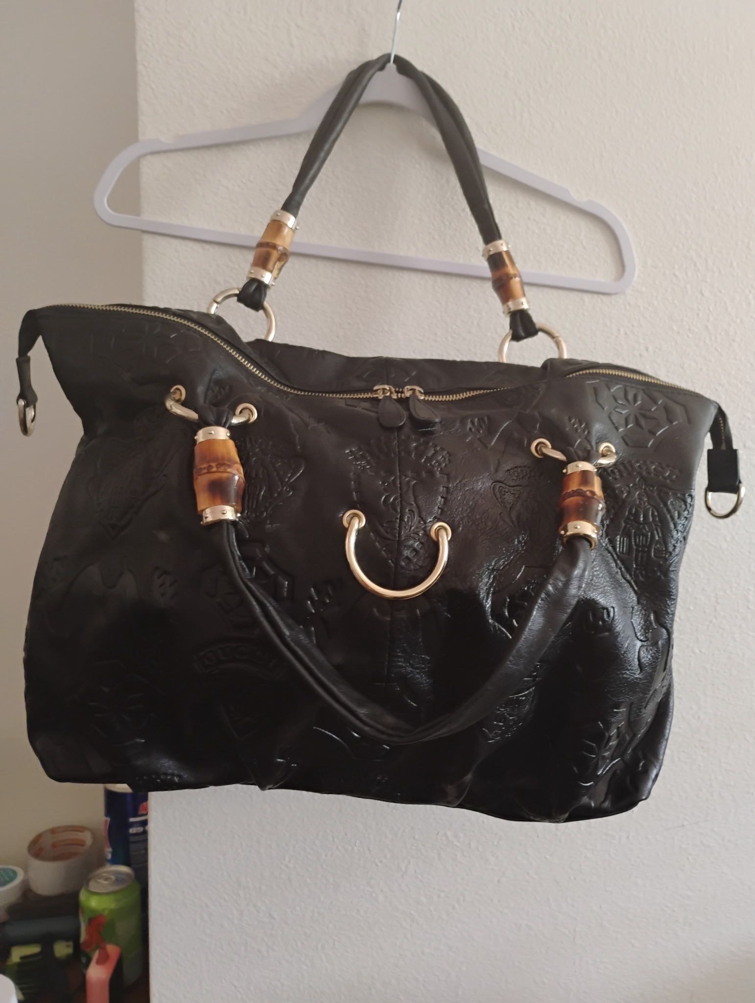 Gucci black Lambskin Tassel Leather Hobo Bag Bamboo Hardware