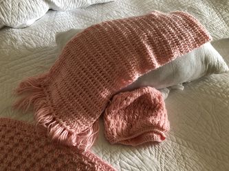Hand knitted pink shawl neck scarf and hat