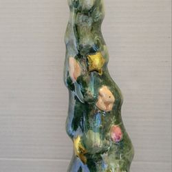 19" Tall Pearlescent Ceramic Christmas Tree Figurine Gold Foil Stars
