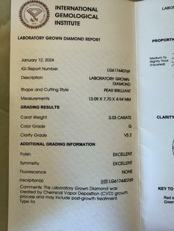 IGI Certified 3.03ct Lab Grown Pear Diamond