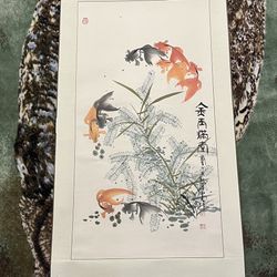 26 X 74 Inch Hand Painted Water Color Chinese Goldfish Art