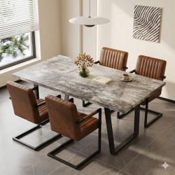 5 Piece-Marble Wood Dining Table with 4 Leather Chairs 