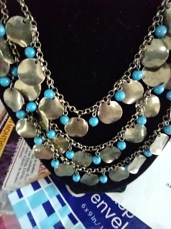 Brass Tone And Turquoise Colored Beads Costume Necklace