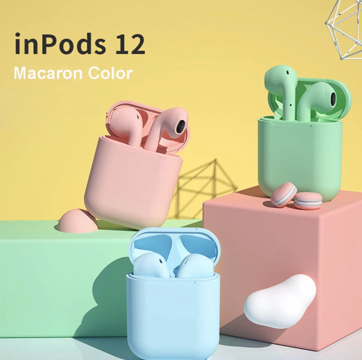 New i12 TWS Bluetooth Wireless 5.0 Airpod Style Earbuds (Pink, Green and Yellow)