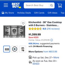 Burners (5) Oven Range Top KitchenAid 36" Gas Cooktop with 5 Burners Stainless Steel KCGS556ESS - Best Buy