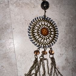 Bronze Tone Coffee Brown Circle Sun Pendant Sphere Ball Tassels Necklace