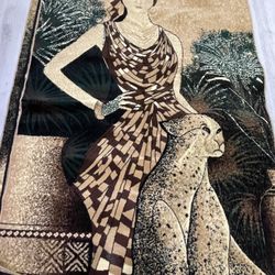 Vintage Kashan Oriental Rug Woman with Leopard 87x63”