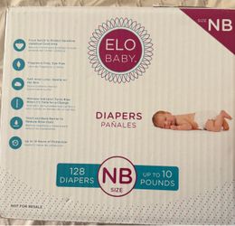 “Brand new, unopened ELO Baby diapers, NB size, 128 count. $25.”