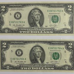 2x Uncirculated $2 Bill With Continuous Serial