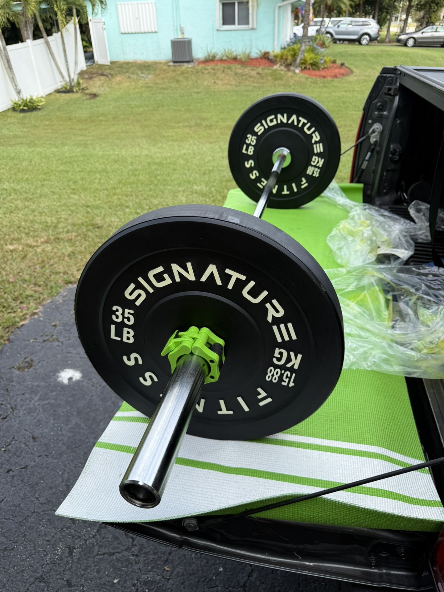 Olympic Barbell 6’, 35 Pound Bumper Plate Weights, And Quick Locking Collars- All New Items