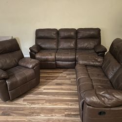 Used Leather Vinyl Brown Couch, Rocking Chair And Loveseat. 