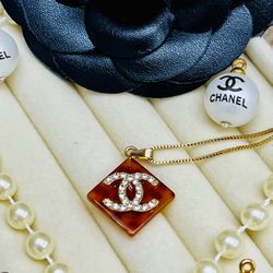 Diamond Shaped Pendant Cheetah Pattern With Gold CC Logo 