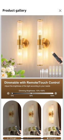 Brushed Gold Battery Operated Wall Sconces Set of Two, Rechargeable Wall Sconce with Dimmable Remote Control, 20 Inch Wireless Sconce Wall Light for B
