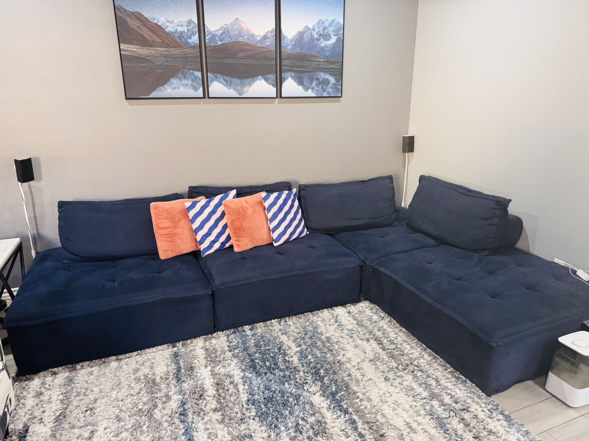 Modern & Stylish Navy Sectional Sofa with Accent Chair and Rug