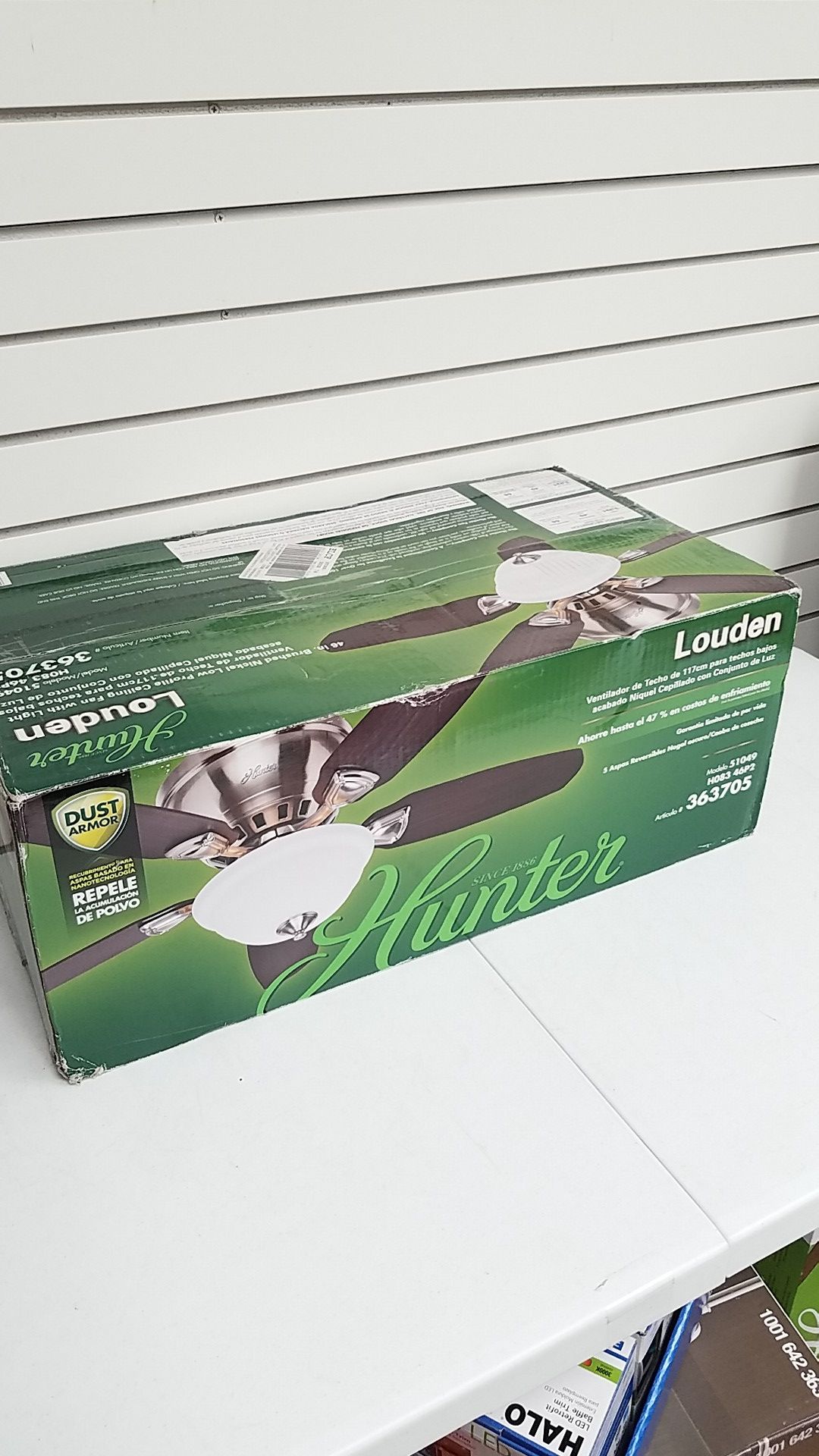 New in Box—Hunter Louden 46-in Brushed Nickel Indoor Flush Mount Ceiling Fan with Light Kit Item # 363705 Model # 51049