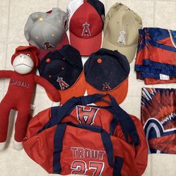 Lot Of 9 Los Angels Baseball Collection Game Promotions Bag Hats Flags Doll 2010