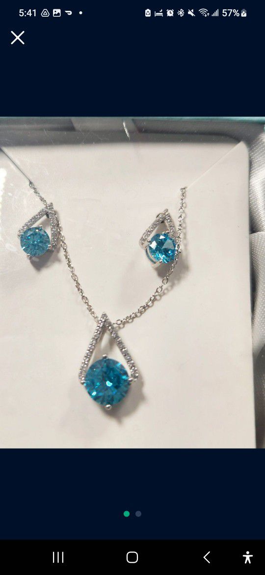 925 Sterling Silver, Blue Topaz And diamond necklace and earrings 