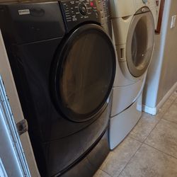 Front Load Whirlpool Washer And Kenmore Elite Dryer With Pedestal Stands / Drawers