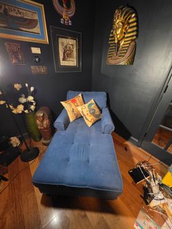 Blue Upholstered Chaise Lounge with Nailhead Trim – 61 Inches Long