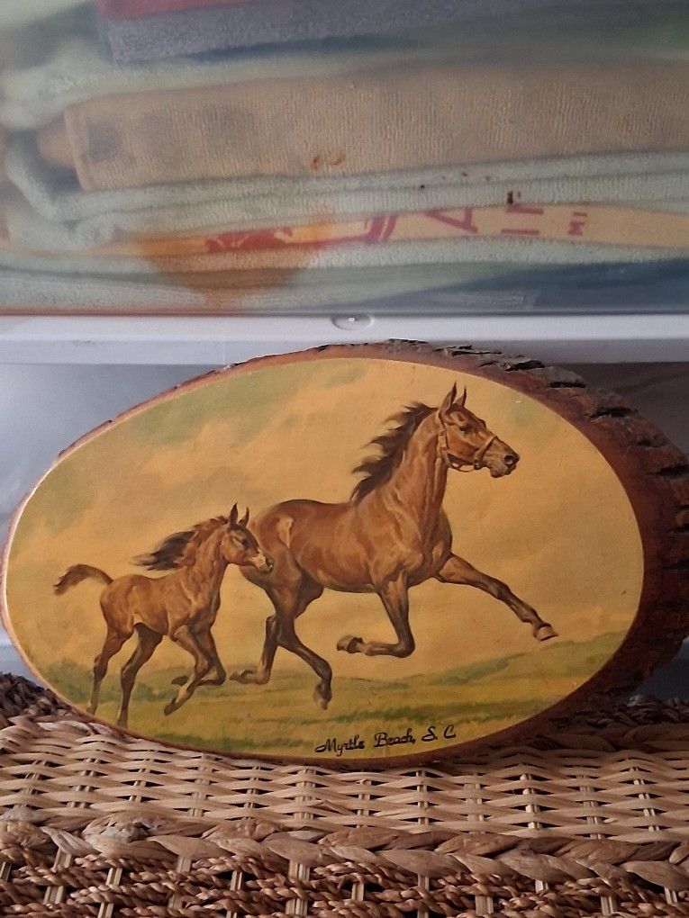 Nice Horse Picture On Wood Slice Oval 12" Long 7" Wide