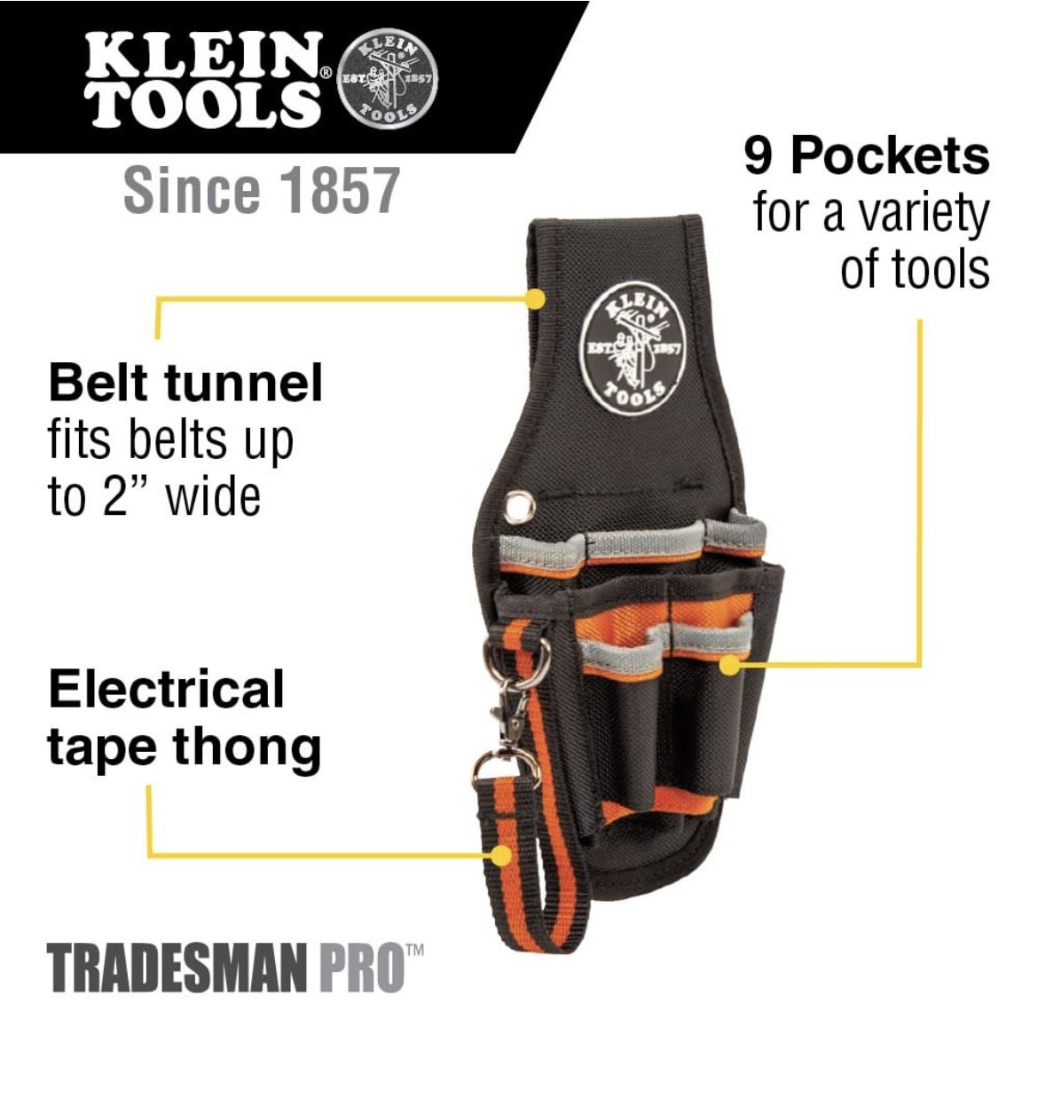 Klein Tools 5240 Tool Pouch, Tradesman Pro Maintenance Tool Pouch with 9 Pockets, Tape Thong, 2-Inch Tunnel Loop, Great Electrician Holster 🆕👍