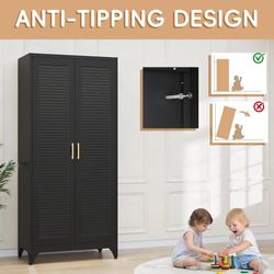 71"Armoire Wardrobe Close,Black Wardrobe Cabinet with Hanging Rod Metal Closet Cabinet with Doors and Adjustable Shelves,Freestanding Clothing Storage