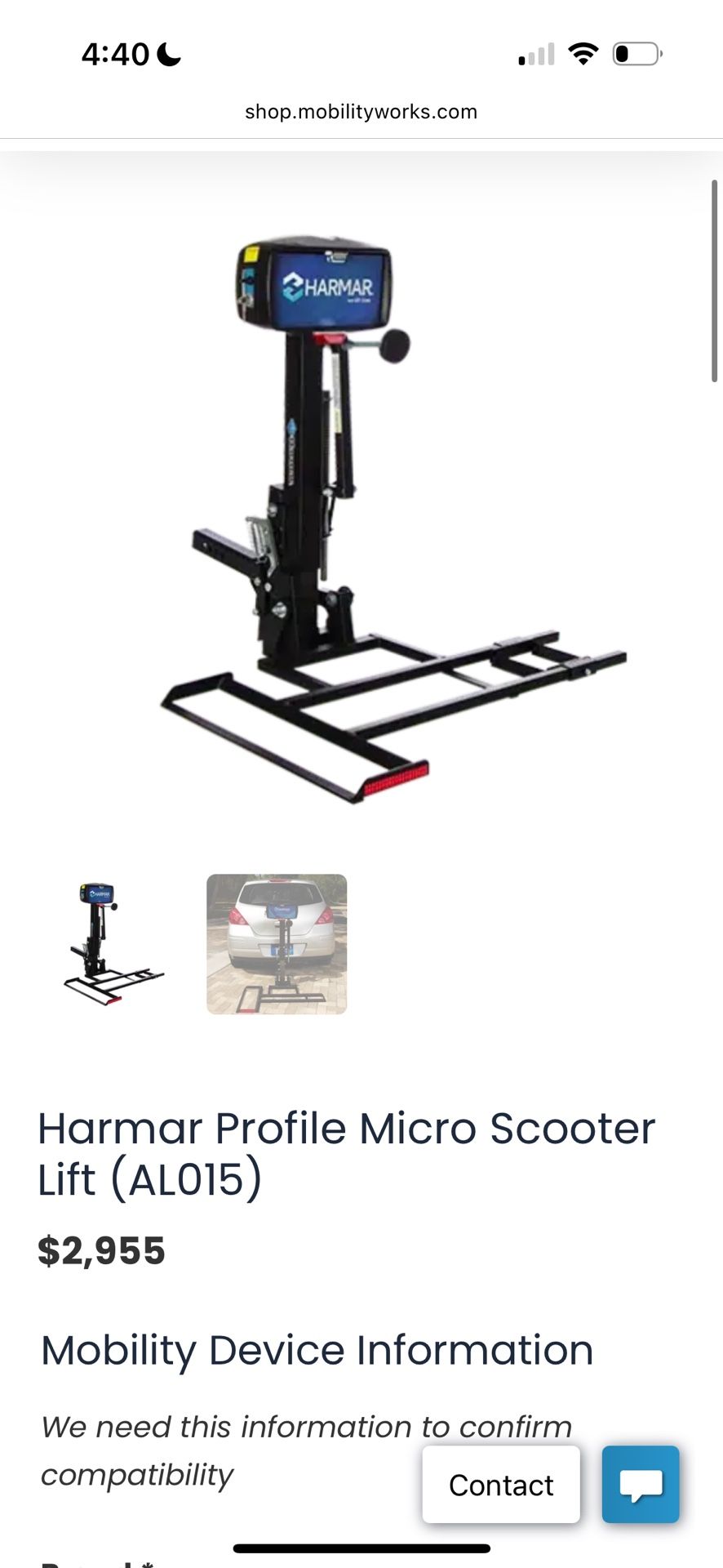 Harmar Mini Scooter Hitch Mount Lift w/ Swing Out Away Arm