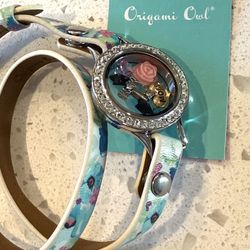 New Origami Owl Floral Wrap Bracelet Locket Charms Rhinestone Mother’s Day Gift Includes 9 Floating Charms   Lockets Opens   Bracelet is adjustable #1