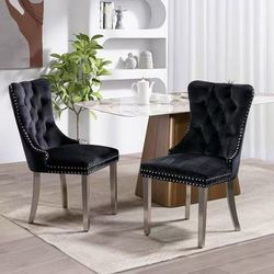 Velvet Dining Chair Set of 2, Upholstered Tufted Dining Room Chair with Nailhead Trim, Solid Silver Plated Leg for Kitchen (Black) ，$80/2pcs