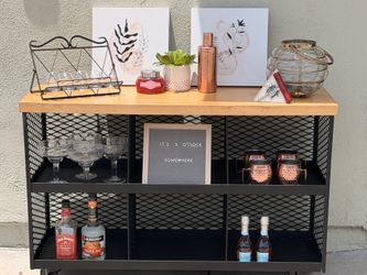 Rolling Black Metal and Wood top bar/cart