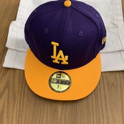 “Brand New” New Era Los Angeles Dodgers Hat with Los Angeles Lakers colors. 59Fifty, size 7 1/4. 