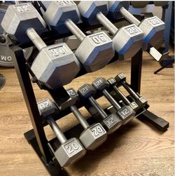In NEW Condition Set Of Cast Iron Hex Dumbbells 5s, 12s, 20s 25s  And  30s. Total: 184 lbs [ RACK NOT INCLUDED]