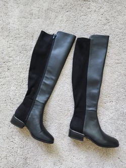New Alfani Step N' Flex Women's Black Leather/Micro Ludlowe Over-The-Knee Boots Sz 5