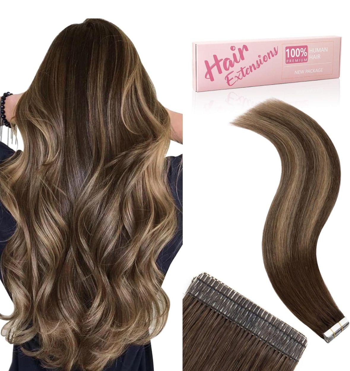 Tape in Hair Extensions,Balayage Chocolate Brown to Light Brown, 20pcs 50g, Double Stitched, 22 inch