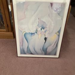 Beautiful Georgia Okeffe Matted Flower Picture In Burgundy Metal Frame 27-1/4” Tall By 21” Wide 