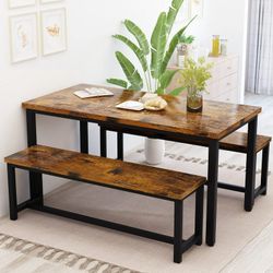 Dining Table Set with Two Benches, Kitchen Table Set for 4-6 Persons, Kitchen Table of 43.4 x 23.7 x 28.6 Inches, Bench of 38.6 x 11.9 x 17.6 Inches E