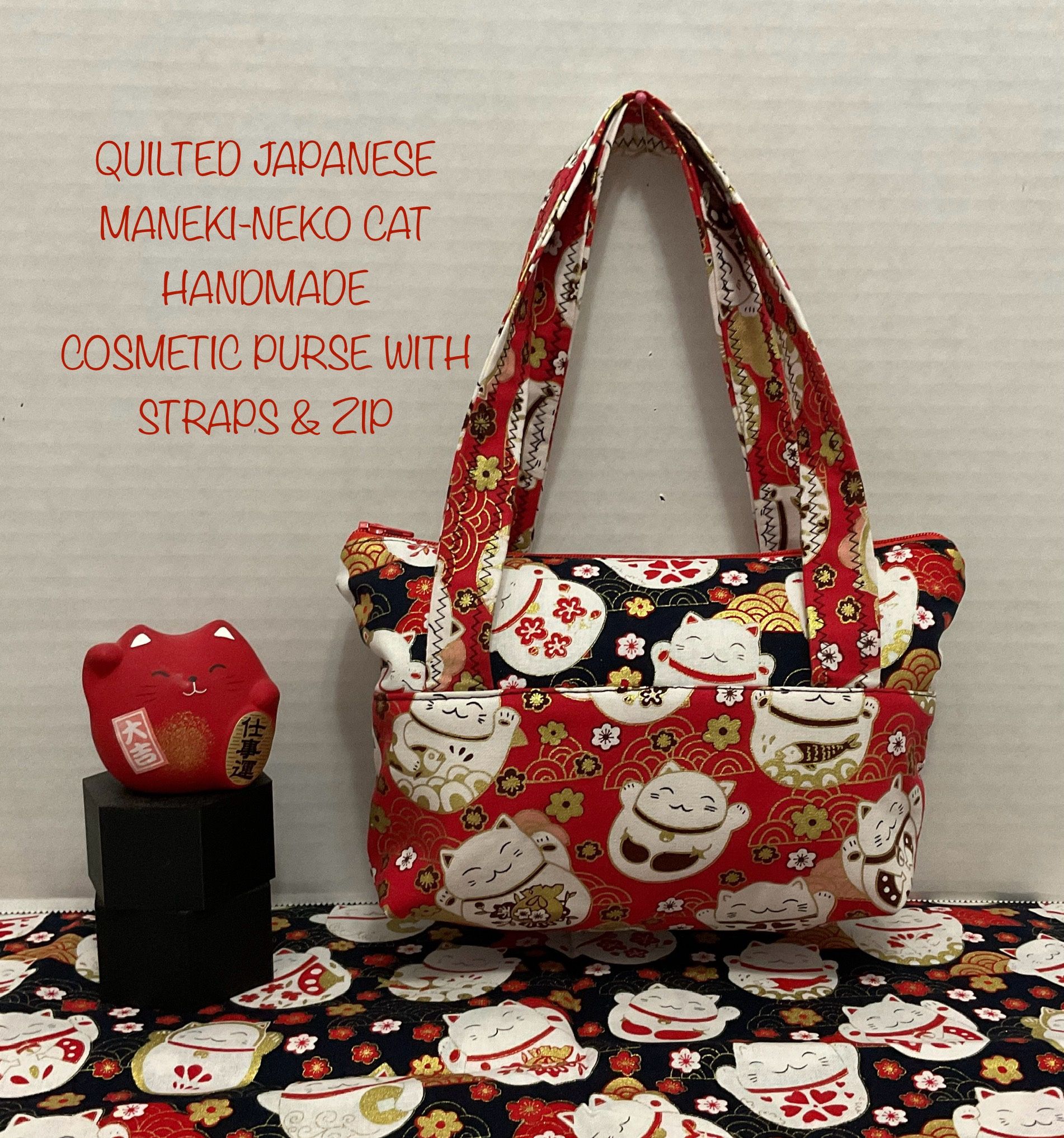 JAPANESE MANEKI- NEKO CAT QUILTED HANDMADE COSMETIC PURSE WITH STRAPS & ZIPPER