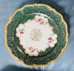 RW Bavaria 8in Plate Vintage Green  And Gold With Floral Accents