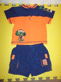 18 Months Boys Buster Brown Orange and Blue Shirt and Blue Short Set