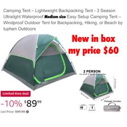 New in box Camping Tent  2 person Lightweight Backpacking Tent - 3 Season Ultralight Waterproof  medium size Easy Setup Camping Tent –$60 cash only ea