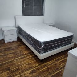 Bed frame white full size new and full mattress nightstand