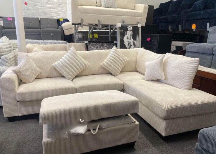 Beige corduroy sectional sofa with ottoman with chaise