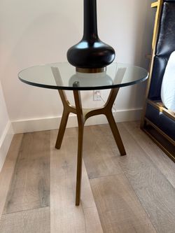 Pair of Crate & Barrel Elke Glass End Tables – Brass Base – Set of 2