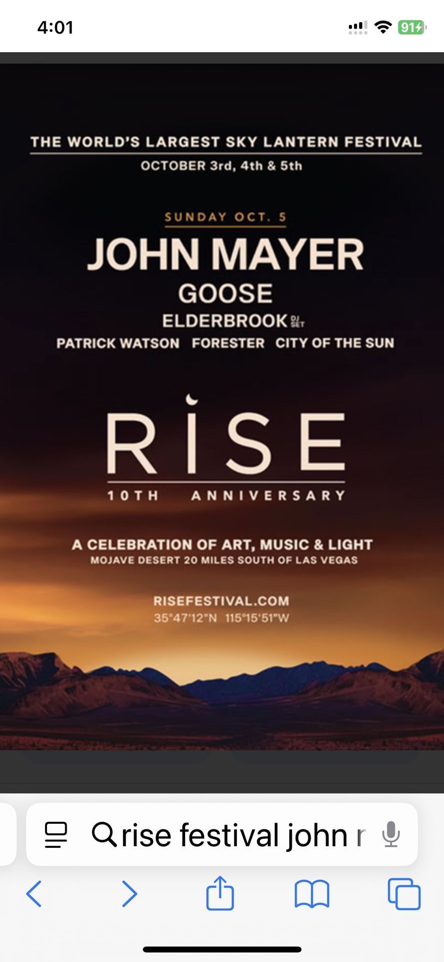 Rise Festival- Sunday , Oct 5th - 2 Tickets Available