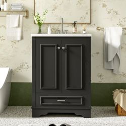 24" Vanity with Ceramic Sink, Freestanding Cabinet with Silver Handles and Soft Closing Doors